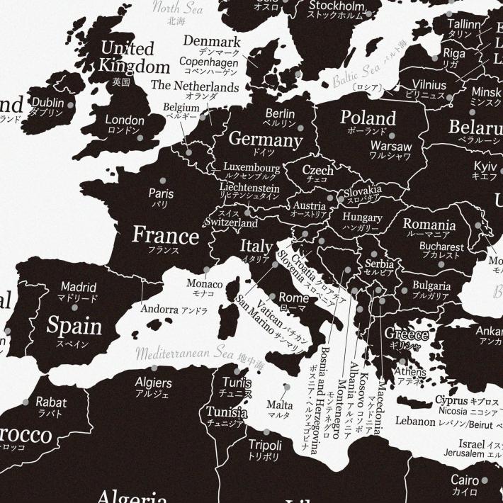 世界地図ポスター 白とブラック ヨーロッパ中心 Minimal Map 地図のご購入は 地図の専門店 マップショップ ぶよお堂