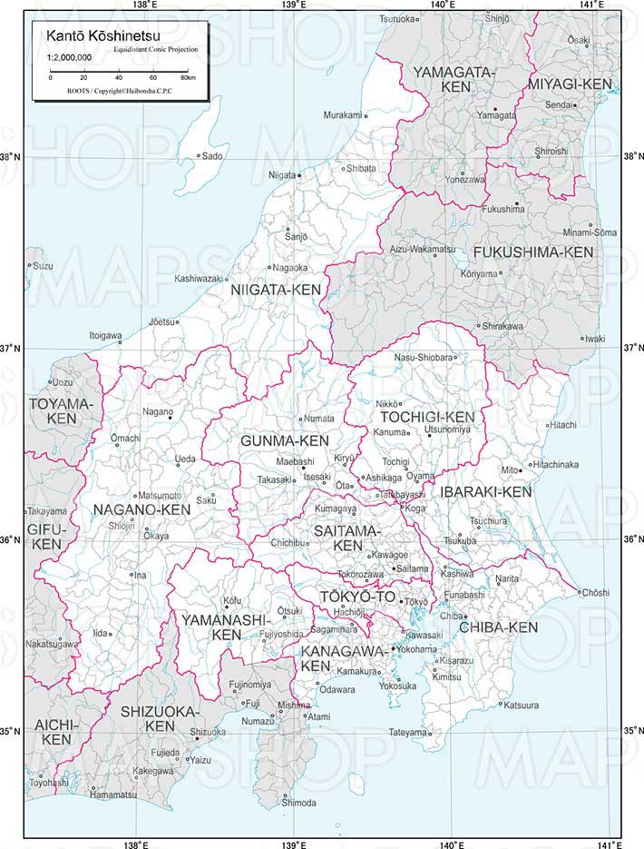 関東甲信越地方 白地図 Roots Japan 欧文版 地図のご購入は 地図の